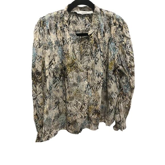 IRO BLUE  SMOCK PLEATED PRINTED LING SLEEVE BLOUSE SIZE 36 P2P 23’ - Picture 2 of 3